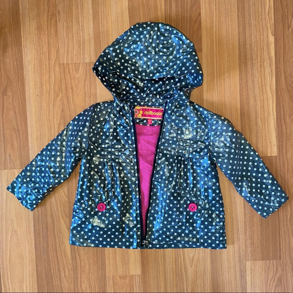 Dollhouse girl’s raincoat, charcoal and white polka dots, pink accents, …